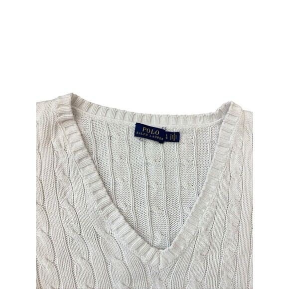 Polo Ralph Lauren Cable-Knit Cotton Sweater V-Neck Cream White Women's Size L - Picture 2 of 9
